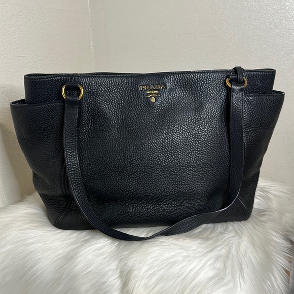 💯 Authentic PRADA Vitello Daino Black 
Double Pocket Tote🍀 - Picture 1 of 16